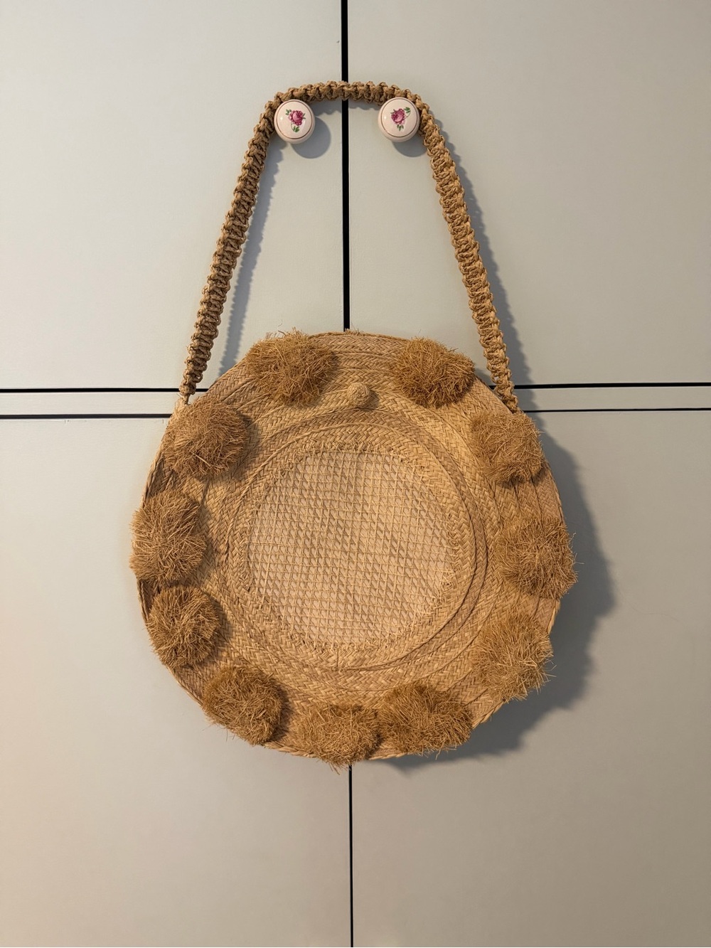 Woven Round Pom-Pom Straw Tote Bag - Natural Brown